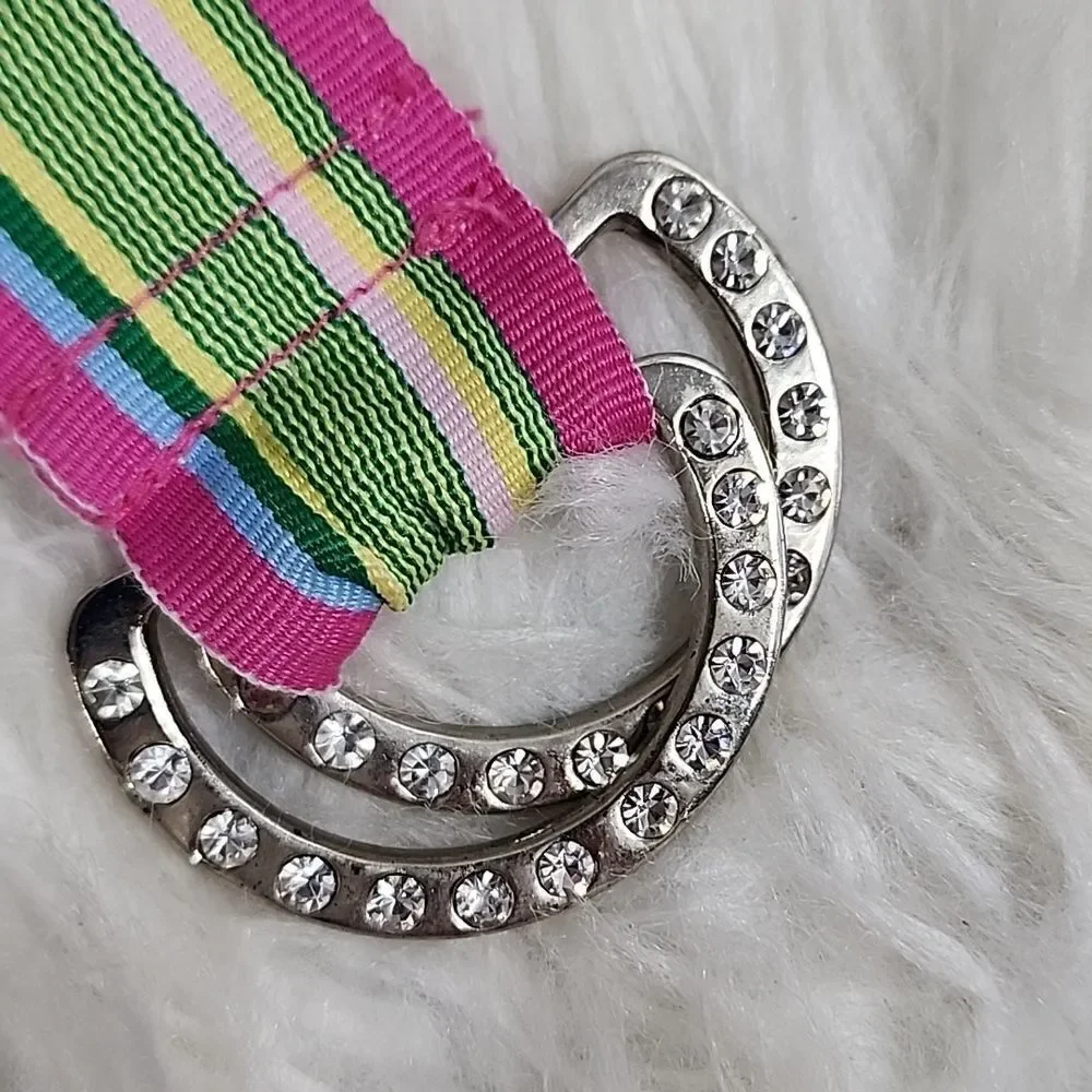 Vintage Striped Preppy Belt with Double Silver tone Metal Rhinestone Buckles